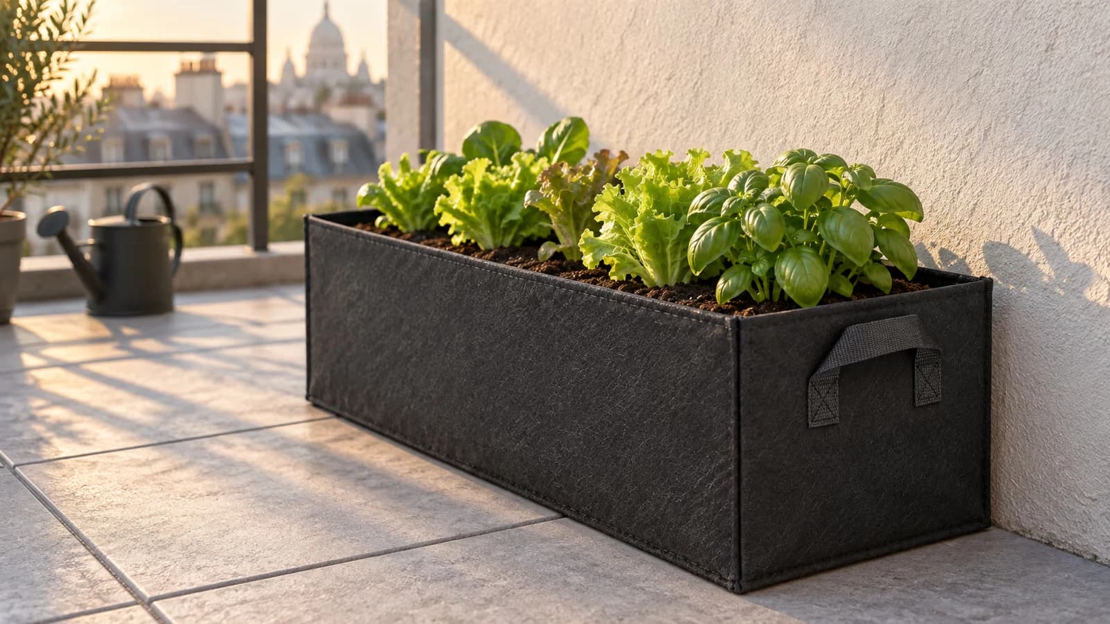Bac de culture en tissu noir de 50 cm déployé sur un balcon, garni de salades et d'herbes aromatiques au soleil du matin