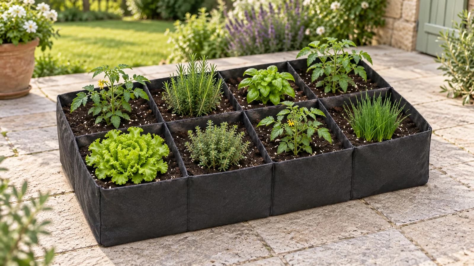Bac potager en feutre noir à huit compartiments posé sur une terrasse, cellules remplies de terreau à trois centimètres du bord