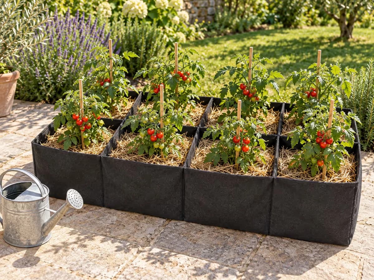 Bac potager en feutre à huit compartiments en été, cellules paillées de lin, plants de tomates cerises et arrosoir posé au pied