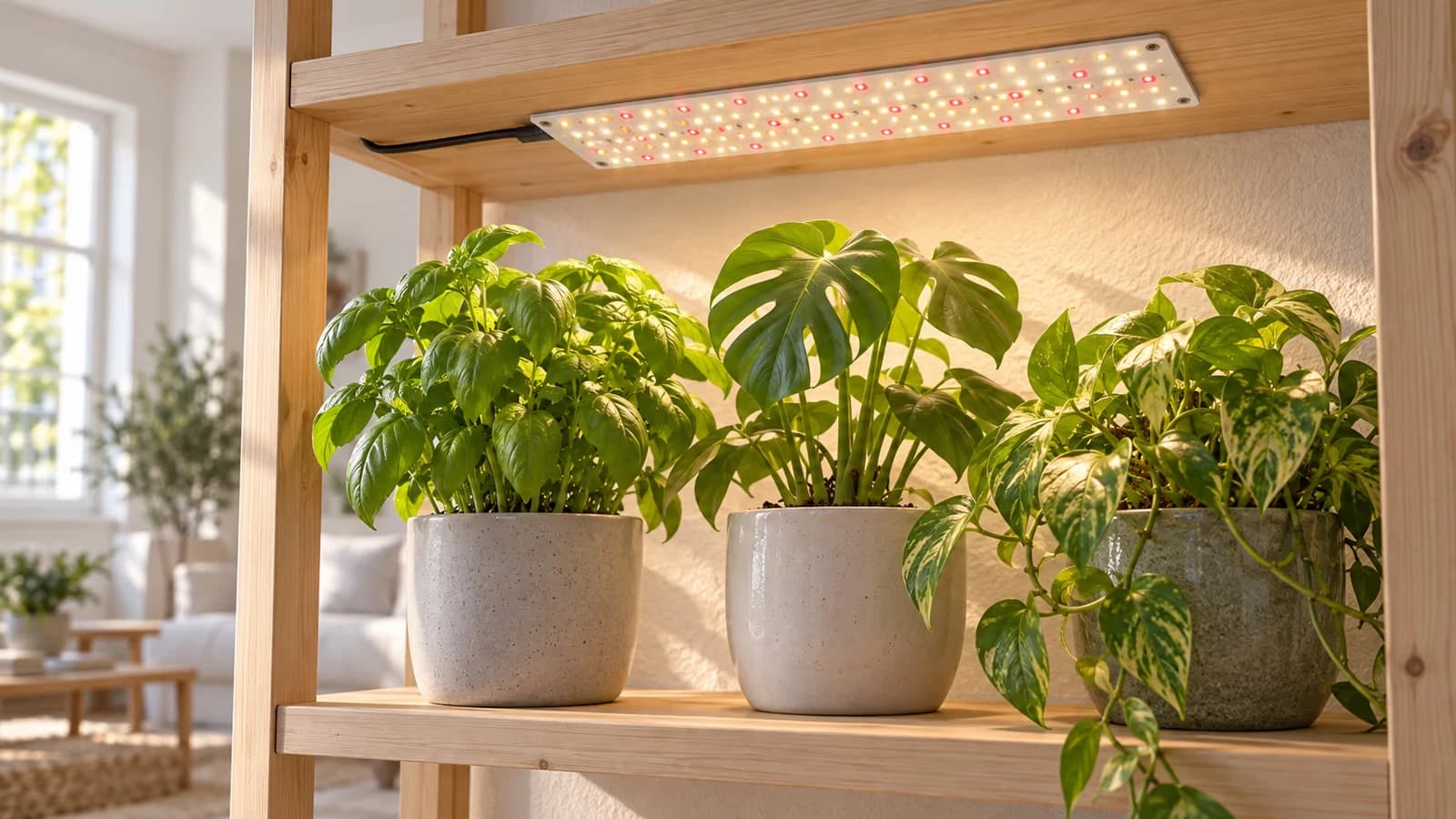 Étagère en bois de plantes vertes éclairée par une réglette plate fixée sous la tablette du dessus, lumière chaude