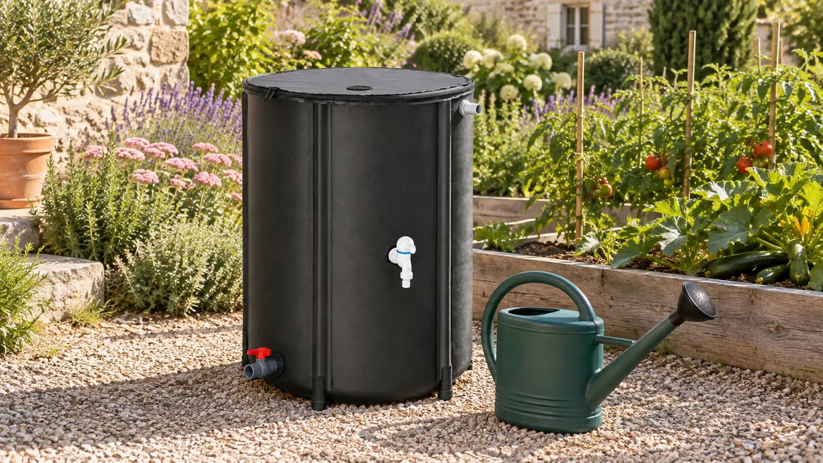 Récupérateur d'eau de pluie souple noir de 100 litres en service au bord d'un potager en été, arrosoir posé au sol près du robinet de puisage