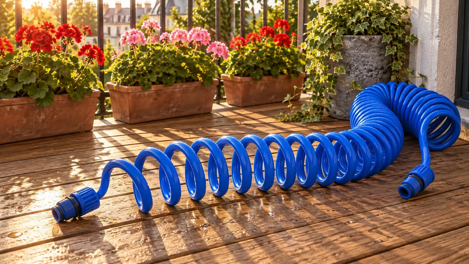 Tuyau spiralé bleu à demi déployé sur un balcon en bois, jardinières de géraniums le long du garde-corps, fin d'après-midi