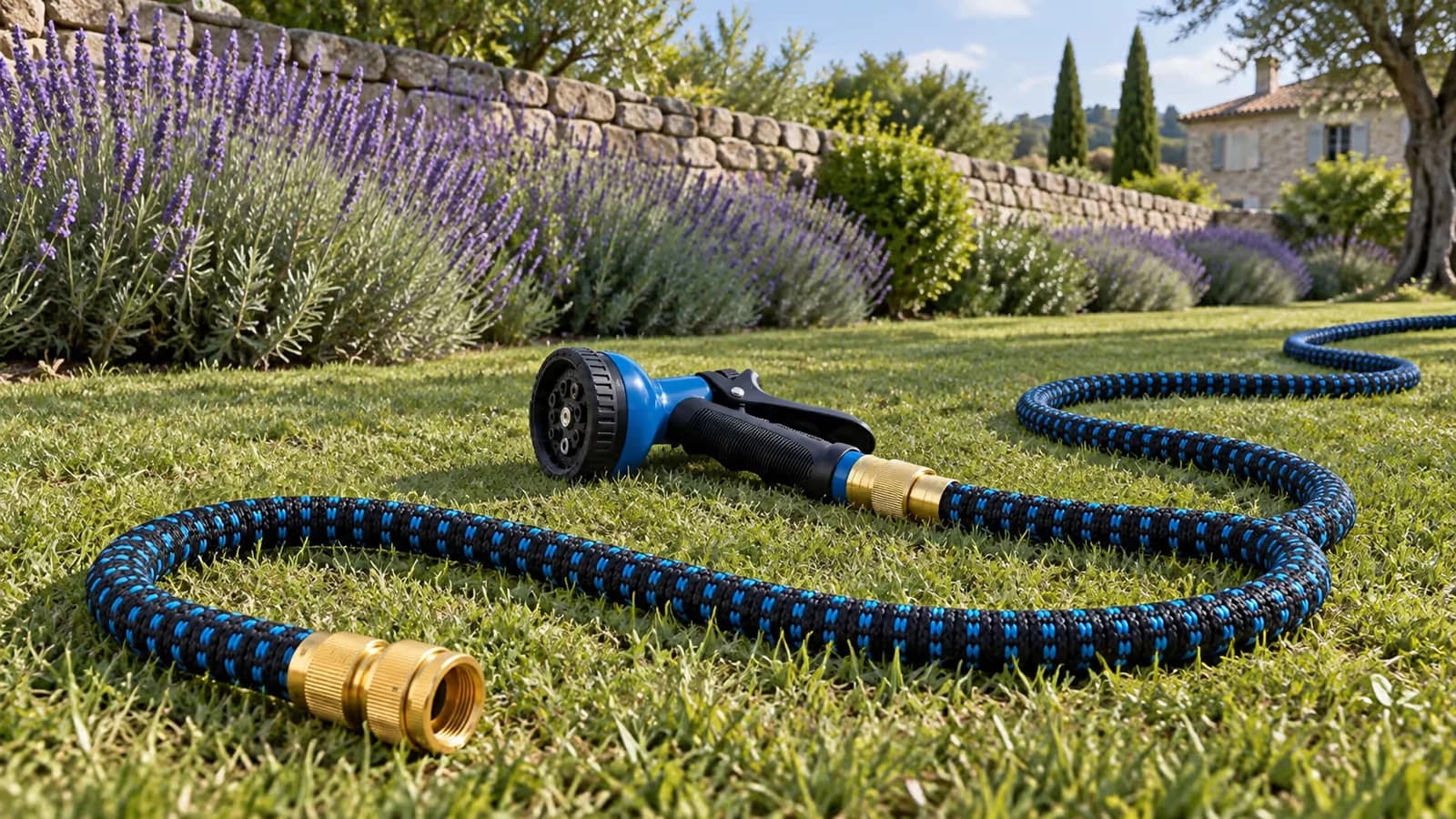 Tuyau extensible bleu et noir déployé sur une pelouse, pistolet 10 jets posé au sol près d'un massif de lavandes en fleur