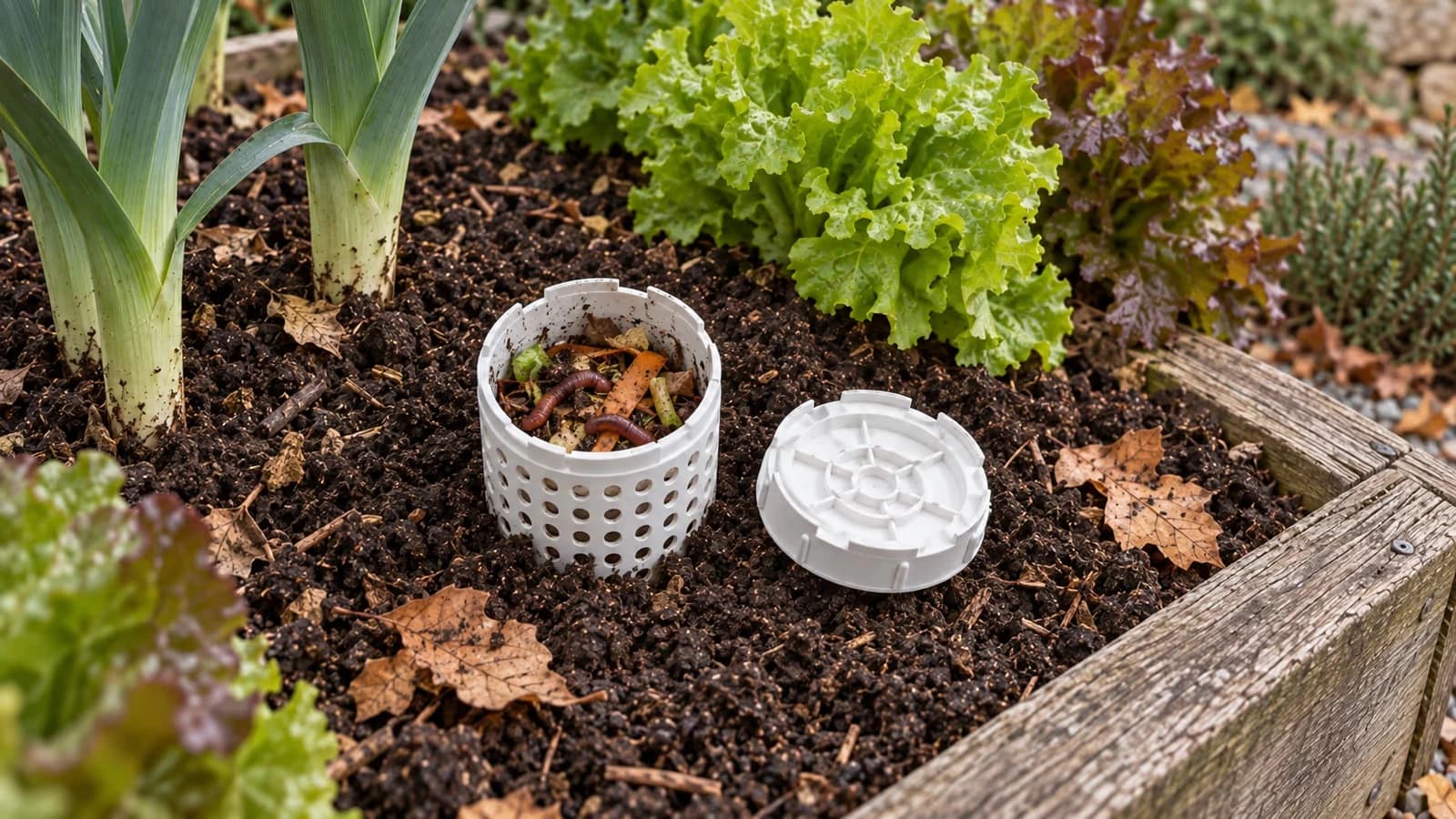 Bac à compost ouvert sur des épluchures mêlées de matières brunes, vers de terre rouges dans la masse, couvercle blanc posé de côté