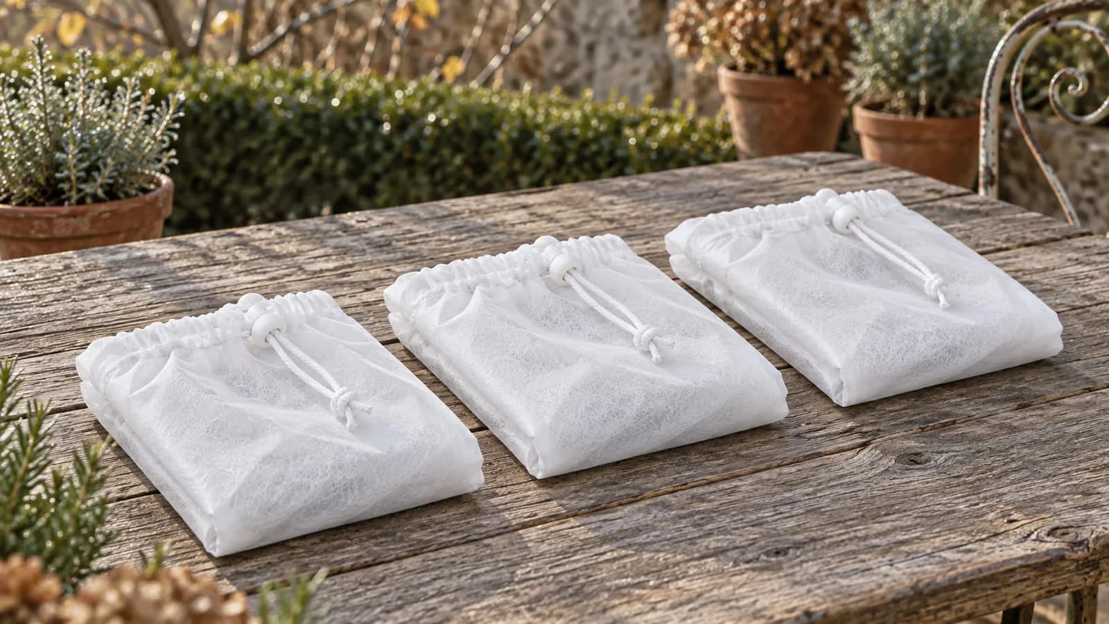 Trois housses d'hivernage blanches pliées côte à côte sur une table de jardin, cordons coulissants apparents