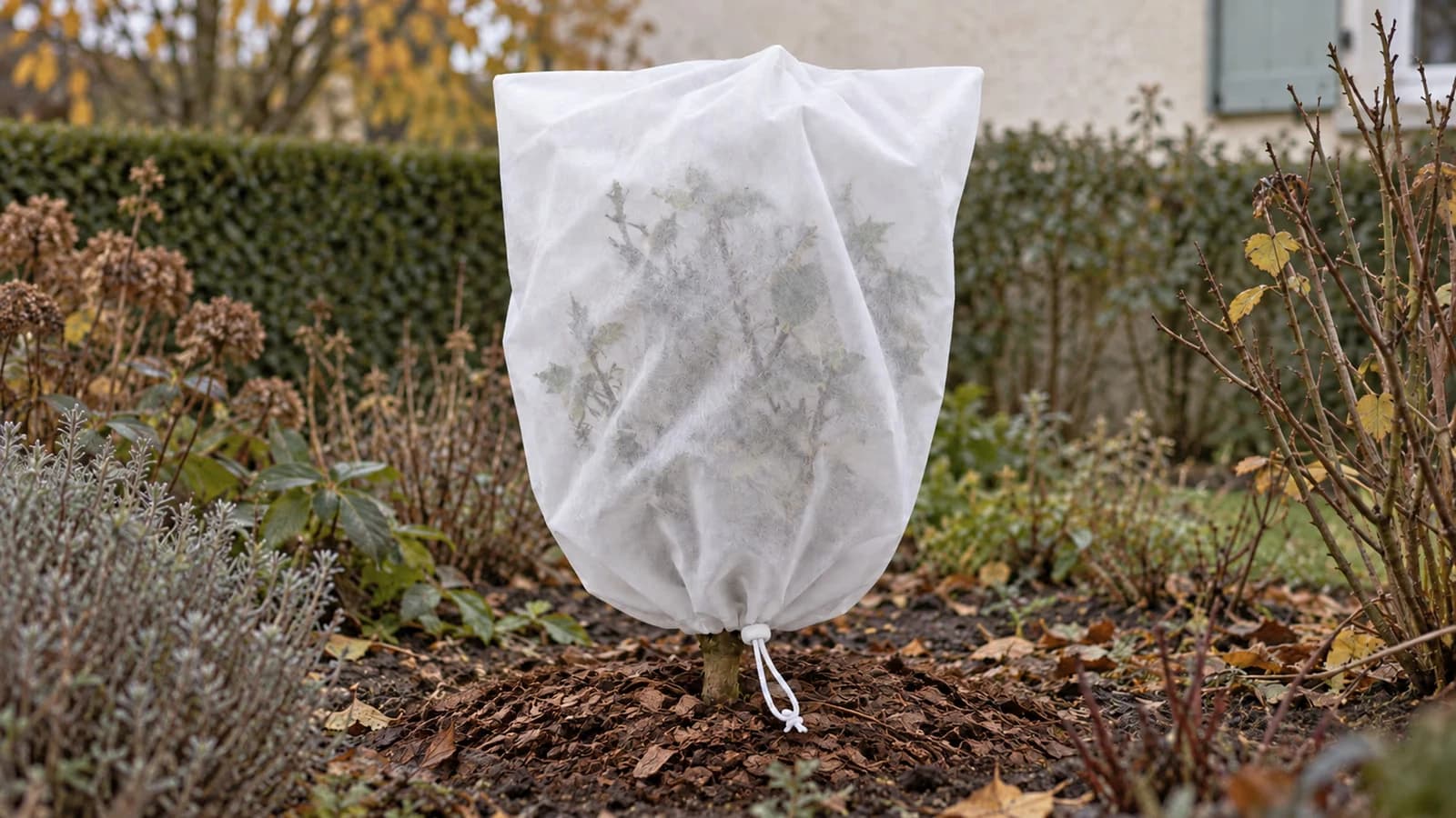Rosier taillé couvert d'une housse d'hivernage blanche à cordon, pied buté de paillis dans un massif