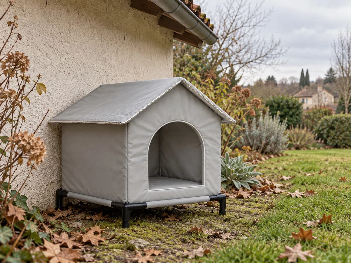 Cave pliable pour chat adossée à un mur de jardin sous un débord de toit, ouverture ronde tournée vers la pelouse