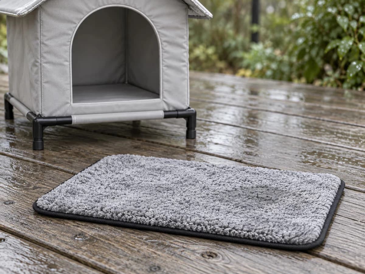 Coussin de sol clair sorti d'une cave pliable pour chat et posé à plat pour sécher après la pluie