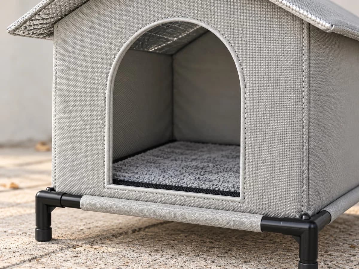 Ouverture ronde d'une cave pliable pour chat, garniture en peluche visible à l'intérieur et armature de tubes sous la toile