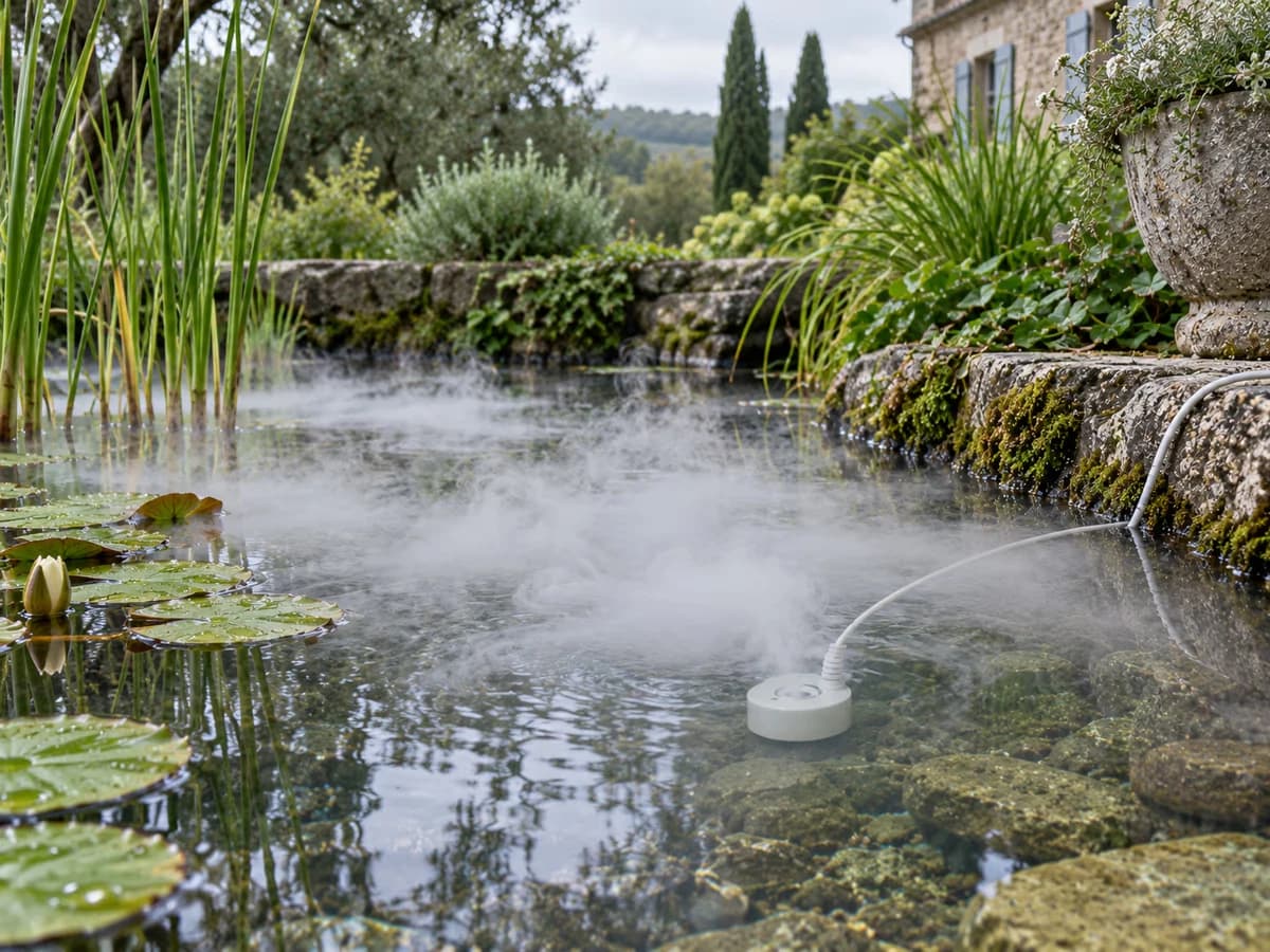 Tête brumisatrice blanche immergée dans un bassin de jardin bordé de pierres moussues, nappe de brume fine posée sur l'eau, nénuphars et roseaux au premier plan
