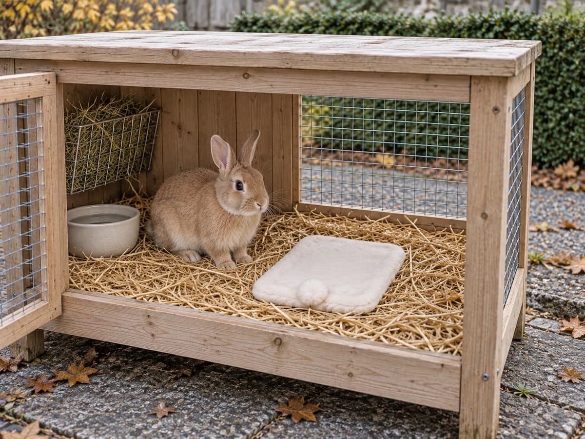 Lapin nain beige assis sur une litière de paille dans un clapier en bois ouvert, tapis polaire ivoire à pompon posé à plat sur la paille, gamelle d'eau et râtelier à foin au fond