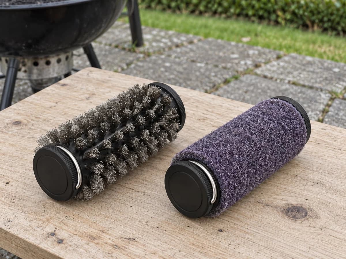 Deux têtes de brosse détachables côte à côte sur une planche, un faisceau d'acier et un manchon abrasif