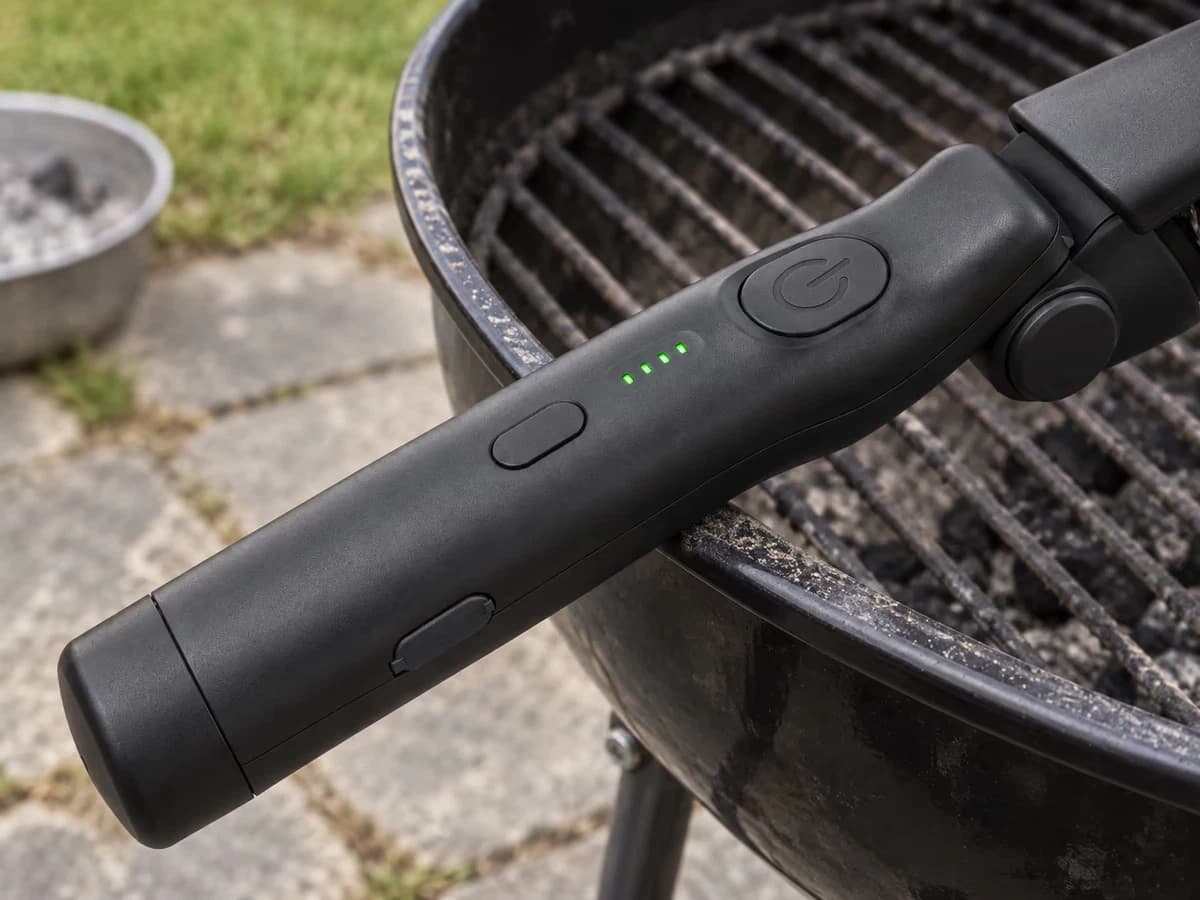 Poignée pistolet d'une brosse sans fil posée sur le rebord d'un barbecue, rangée de voyants verts allumée