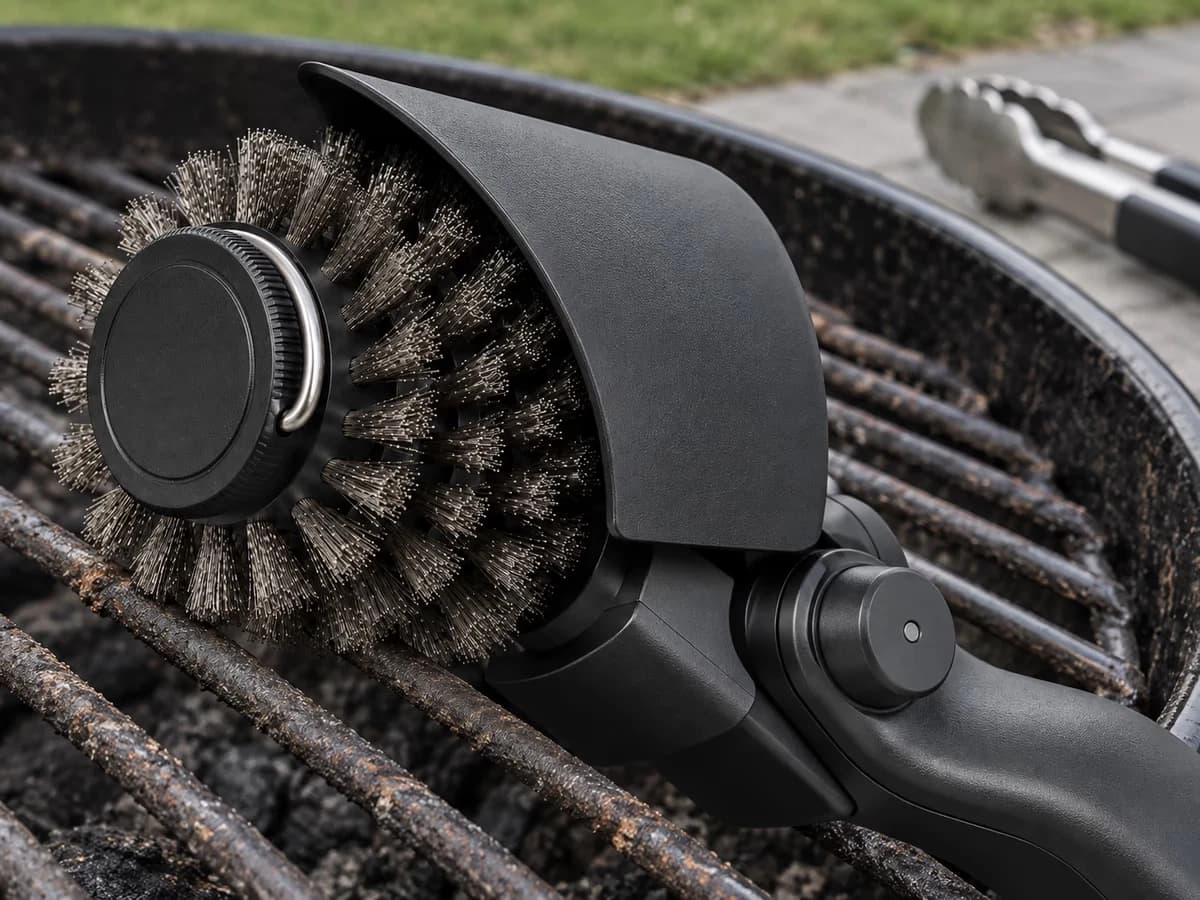 Tête de brosse inclinée sur les barreaux d'une grille en fonte, col orientable visible sous la coque