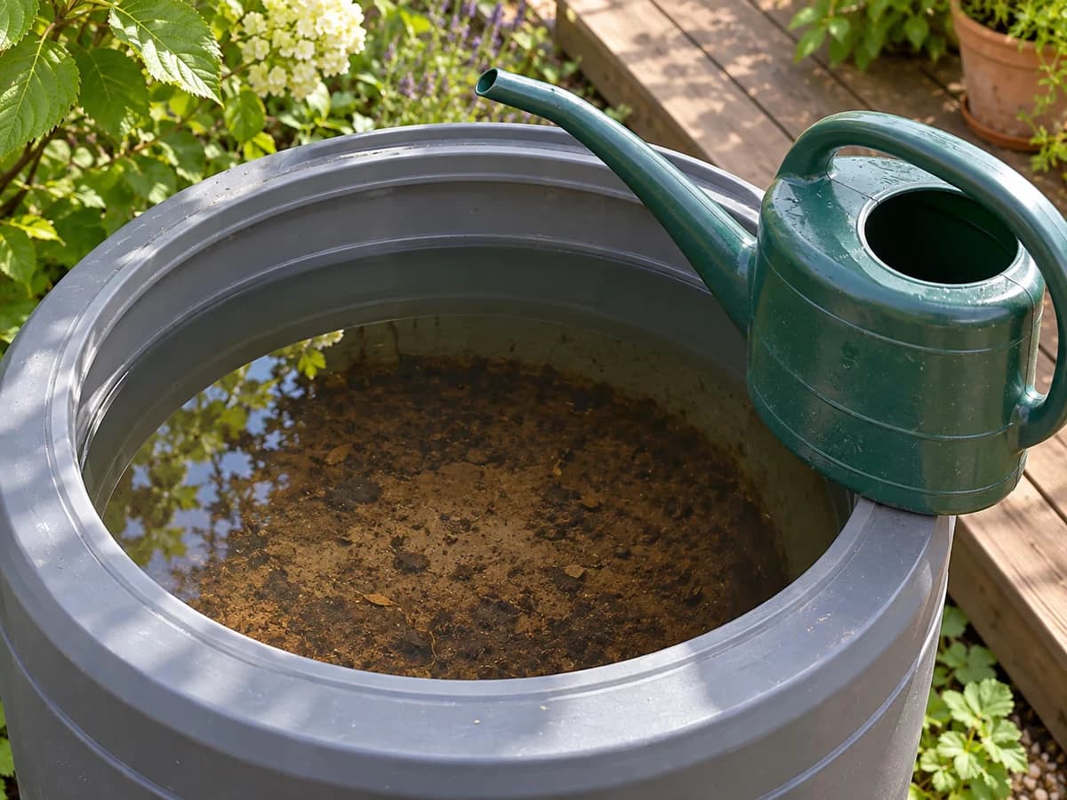 Cuve de récupération ouverte, eau limpide en surface au-dessus d'un dépôt sombre visible au fond, arrosoir de jardin posé au bord
