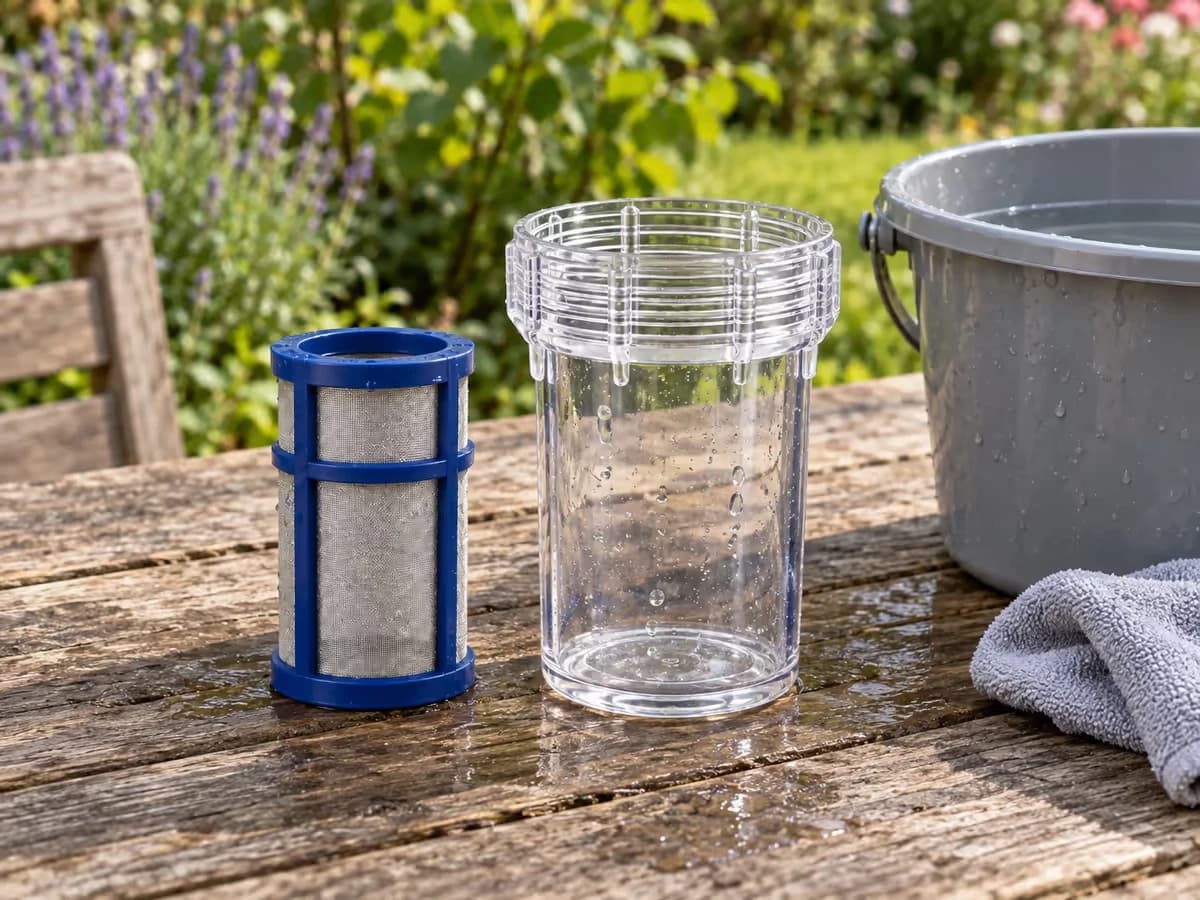 Tamis inox à mailles fines et bocal transparent dévissés, posés sur une table de jardin près d'un seau d'eau claire