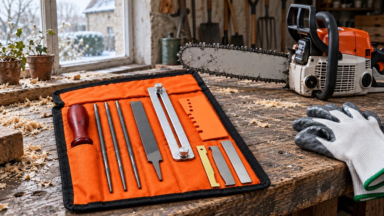 Coffret d'affûtage en toile déroulé sur un établi d'atelier en fin d'hiver, limes rondes et guide chromé alignés près d'une tronçonneuse posée