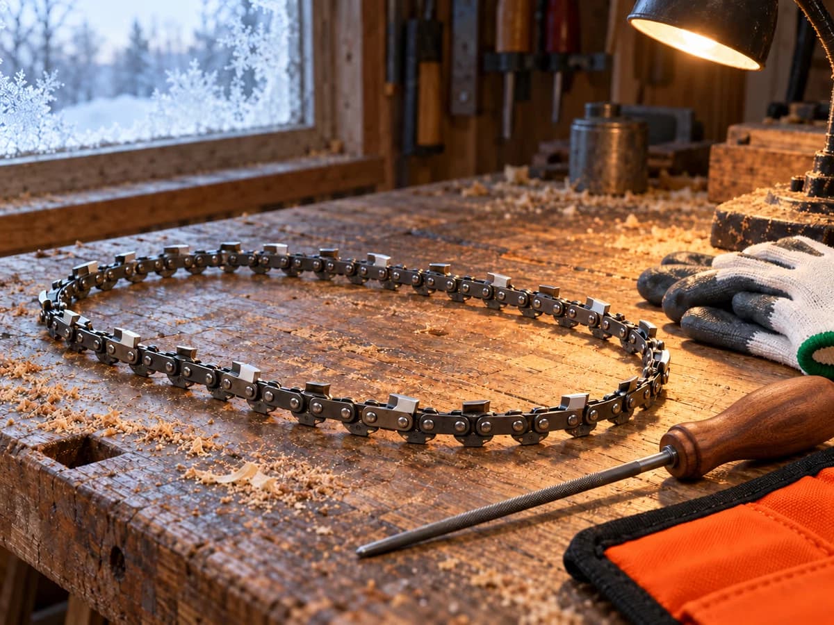 Chaîne de tronçonneuse propre posée sur un établi d'atelier éclairé par une fenêtre de janvier, dents inspectées sous une lampe de travail