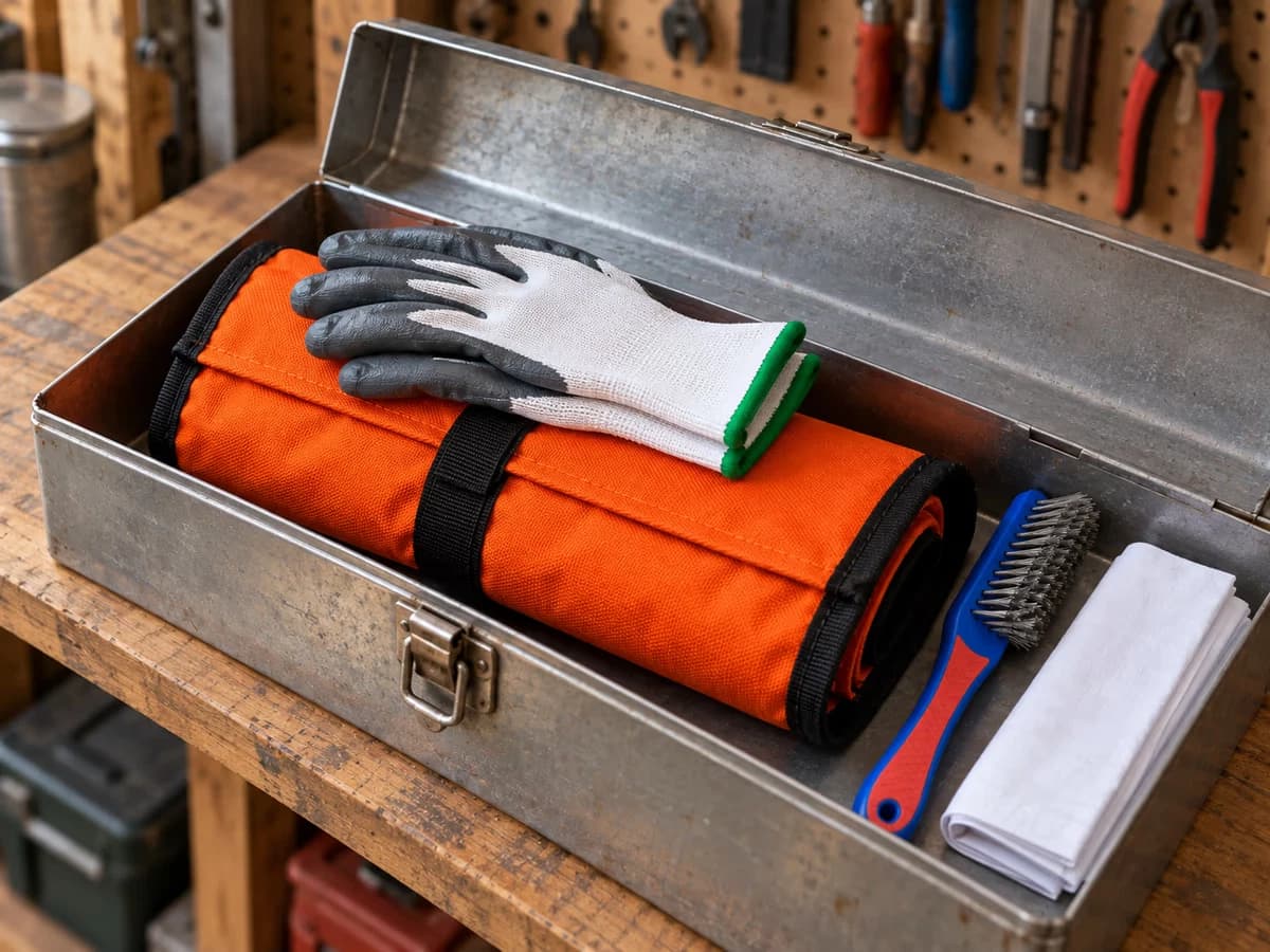 Rouleau d'affûtage en toile refermé par sa sangle, posé au sec dans une caisse à outils d'atelier, gants de la pochette repliés dessus