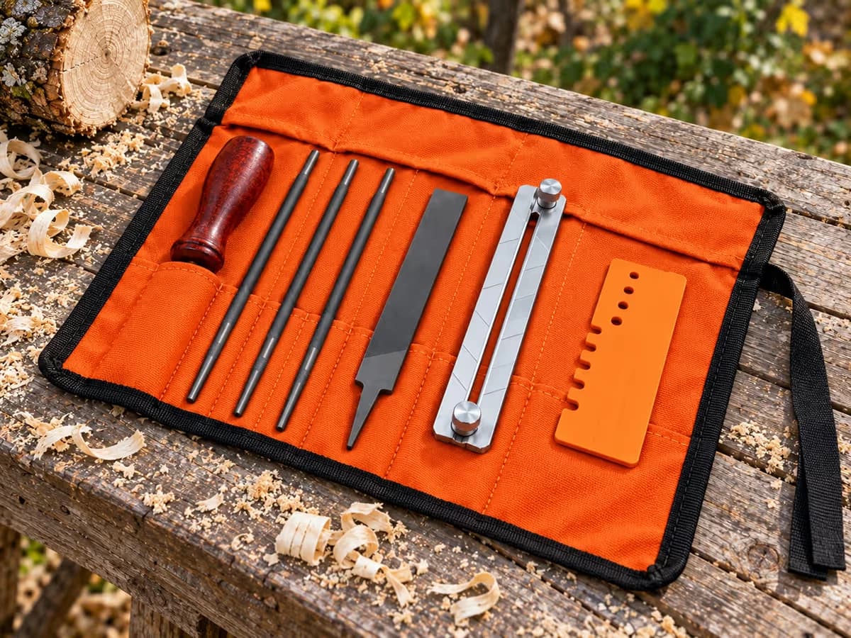 Rouleau d'affûtage déplié à plat sur un établi de bois, pochettes élastiques orange, manche, limes et guide alignés