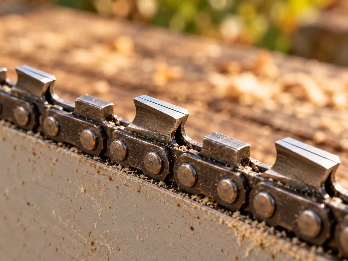 Gros plan sur les dents de coupe d'une chaîne de tronçonneuse, ligne témoin gravée visible sous le tranchant