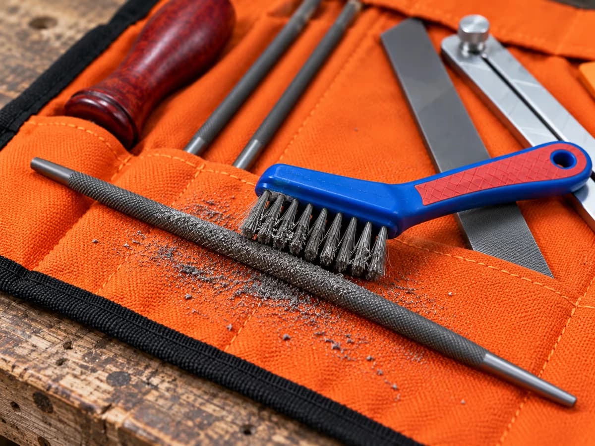 Brosse du coffret passée sur une lime ronde grise de limaille, posée sur la toile orange du rouleau déplié