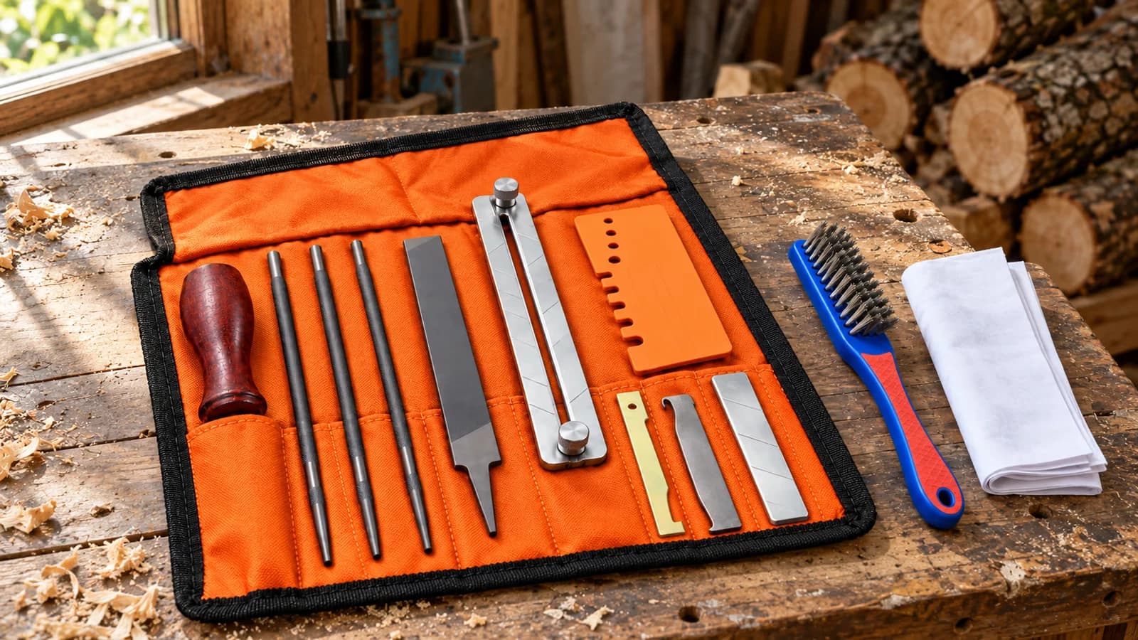 Rouleau d'affûtage déplié sur un établi, manche en bois, limes rondes et lime plate dans leurs pochettes, brosse posée à côté