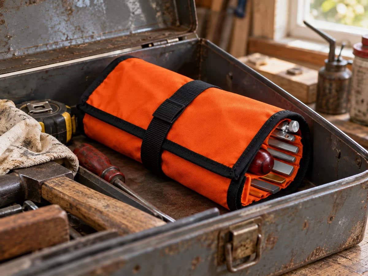 Rouleau d'affûtage refermé par sa sangle, chaque lime dans sa pochette, posé dans une caisse à outils ouverte sur un banc d'atelier