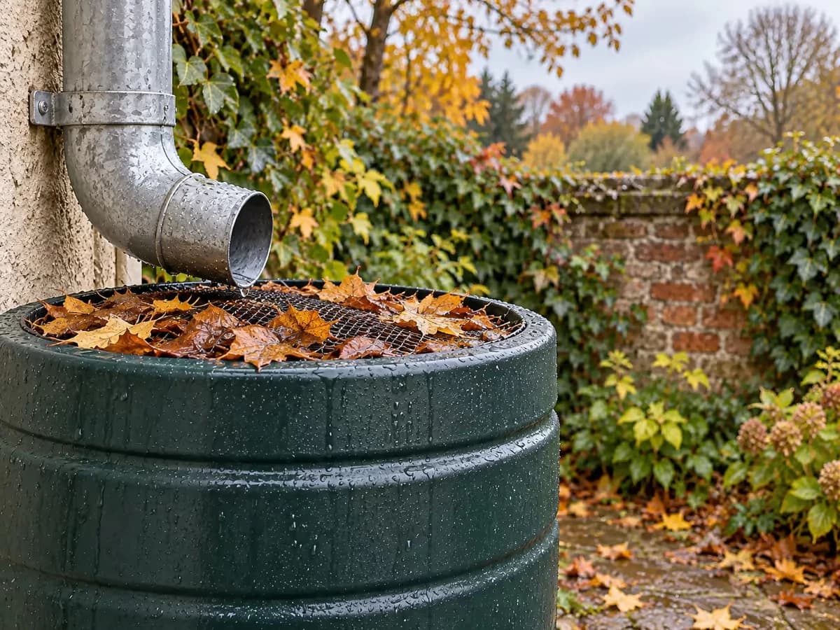 Descente de gouttière au-dessus d'un récupérateur d'eau de pluie, grille couverte de feuilles mouillées, ciel d'automne