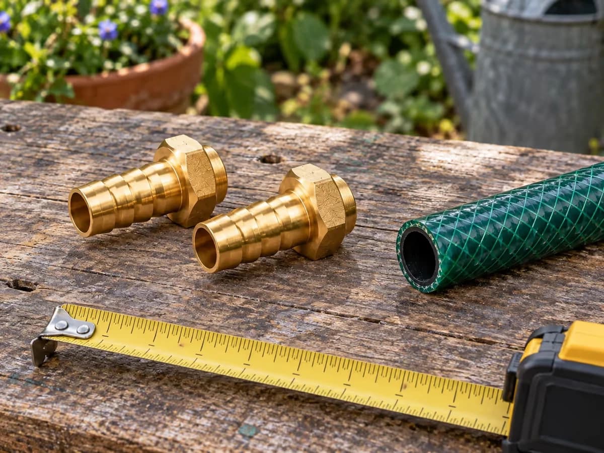 Deux raccords laiton cannelés posés sur un établi en bois, à côté d'un tuyau d'arrosage coupé et d'un mètre ruban déroulé