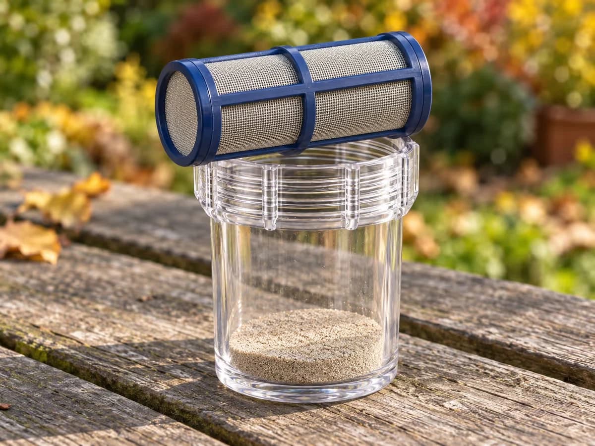 Bocal translucide dévissé posé sur un banc, tamis inox de 100 mesh en travers du bord, grains de sable visibles au fond