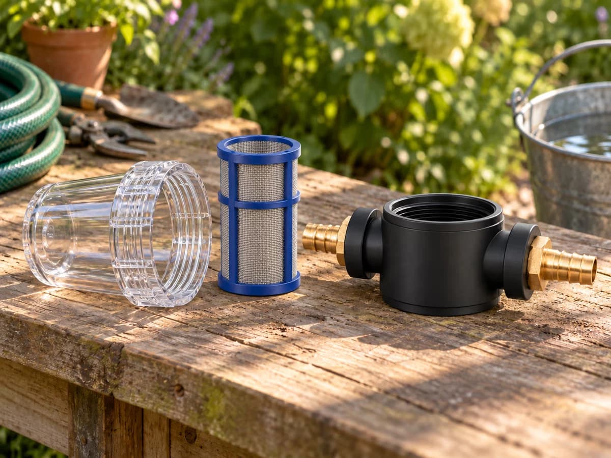 Bocal transparent de filtre d'arrosage dévissé au-dessus d'un seau, tamis inox visible à l'intérieur du corps en plastique, sur un établi de jardin