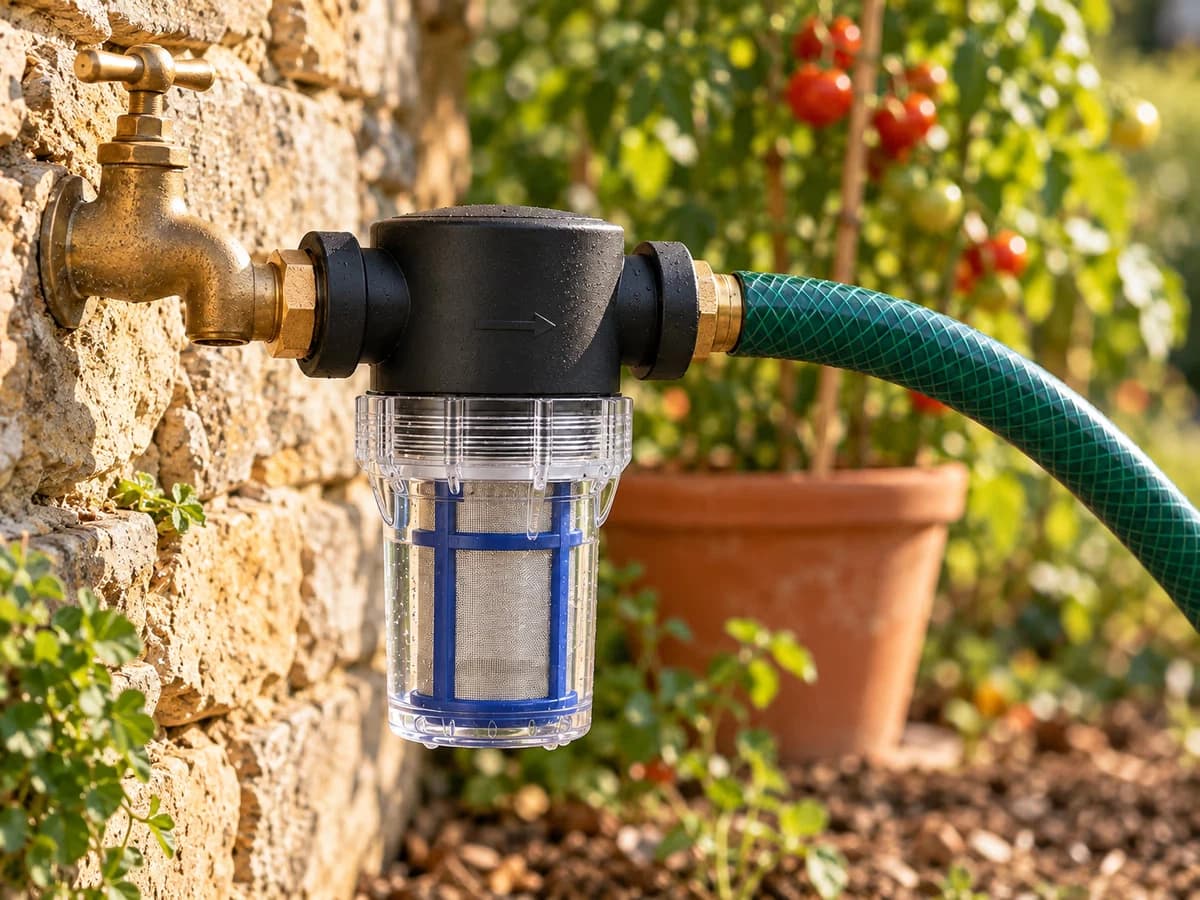 Préfiltre à bocal transparent monté sur un robinet extérieur en laiton, raccordé à un tuyau d'arrosage vert, mur de pierre et pied de tomates en arrière-plan