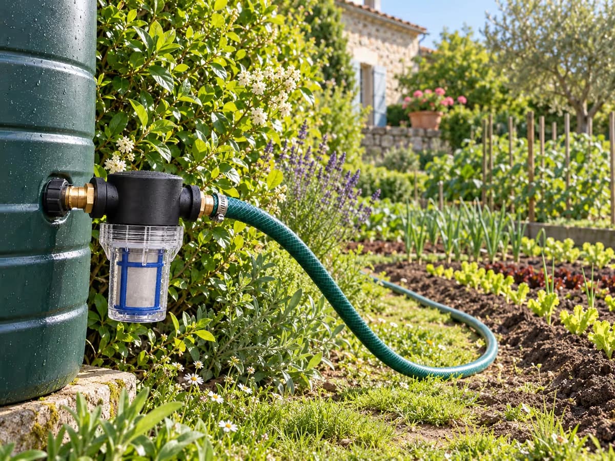 Fût de récupération d'eau de pluie adossé à une haie au printemps, tuyau souple déroulé vers les premiers rangs du potager