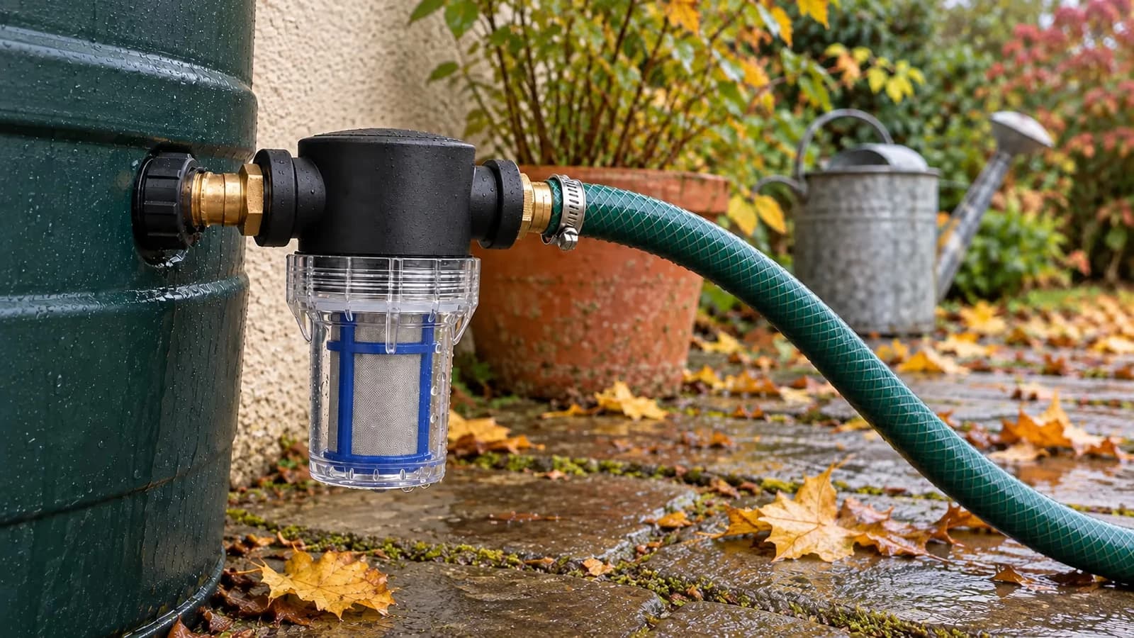 Filtre à tamis vissé sur la sortie basse d'une cuve de récupération d'eau de pluie, tuyau d'arrosage raccordé