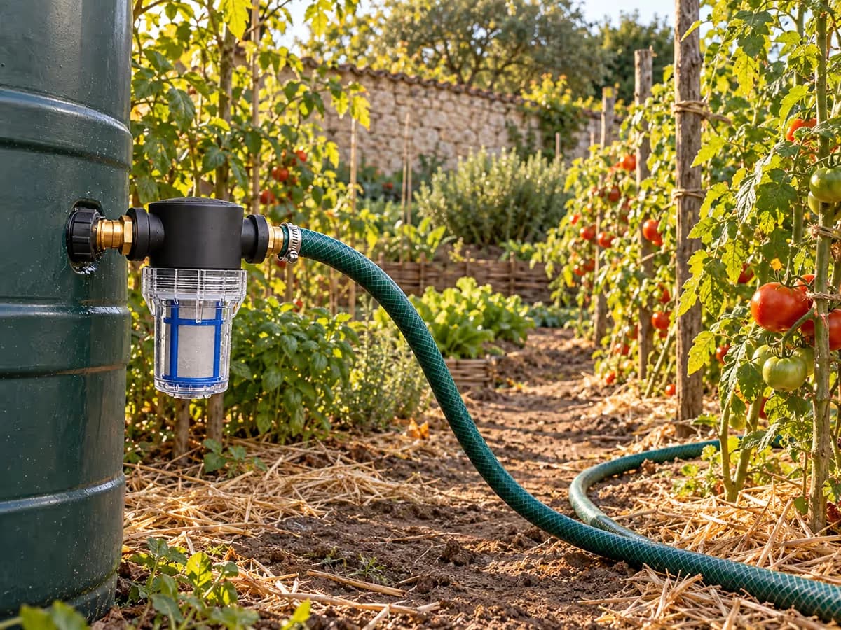 Cuve de récupération d'eau de pluie en fond de potager, filtre vissé sur la sortie basse, tuyau souple courant entre les rangs de tomates