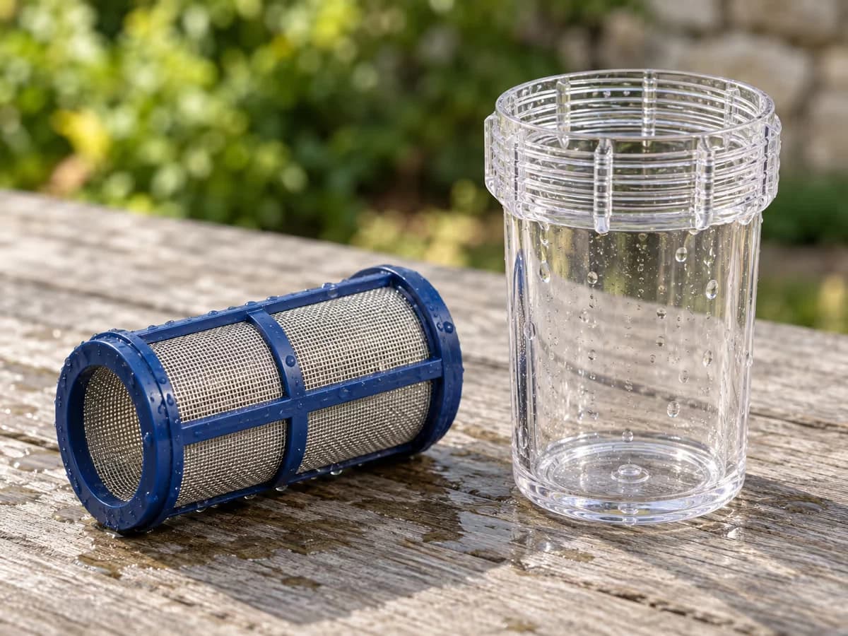 Tamis inox d'un filtre de cuve posé sur une planche de bois, bocal translucide ouvert à côté, gouttes d'eau sur le métal