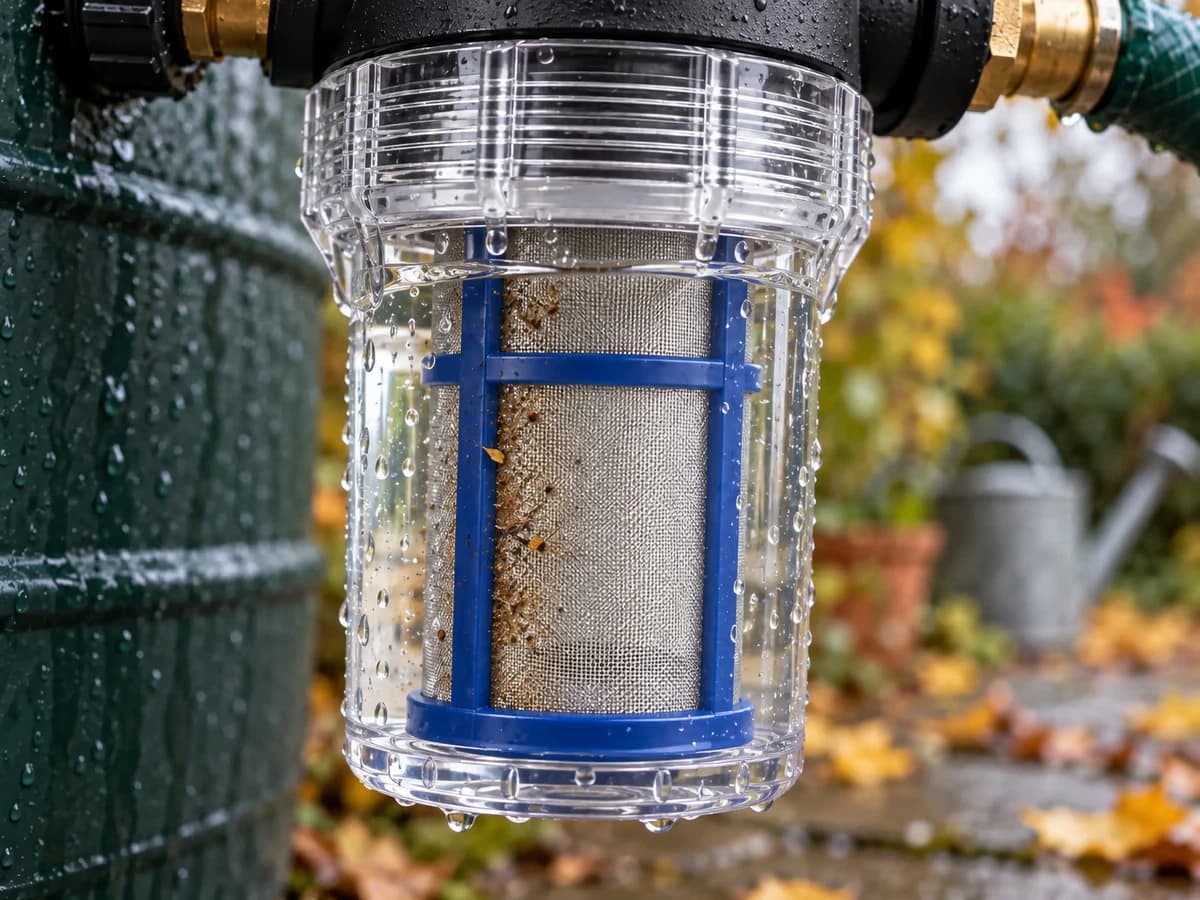 Tamis inox de filtre de cuve vu à travers le bocal translucide, premier dépôt brun retenu sur la face frappée par l'eau