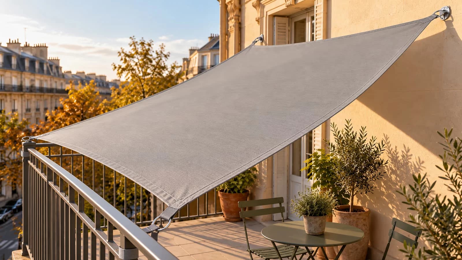 Voile d'ombrage grise tendue au-dessus d'un balcon entre la façade et le garde-corps, lumière de fin d'après-midi
