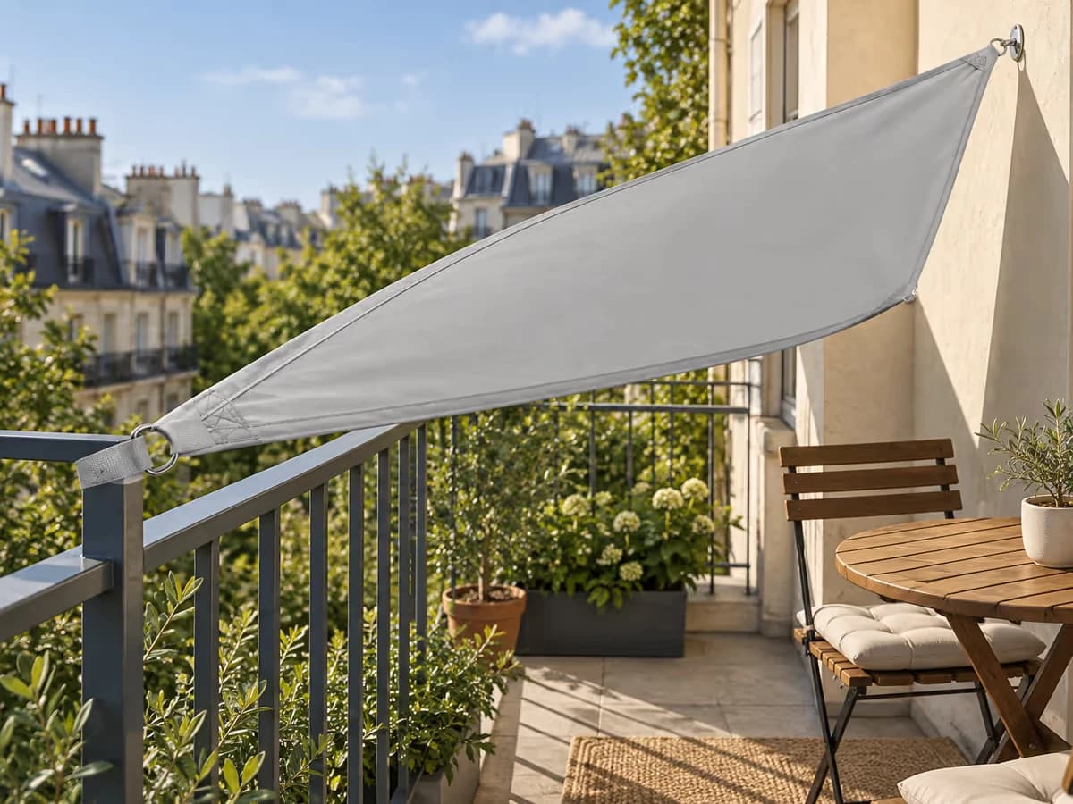 Voile d'ombrage grise tendue entre le mur d'une façade et le montant d'un garde-corps de balcon, un coin plus haut que l'autre