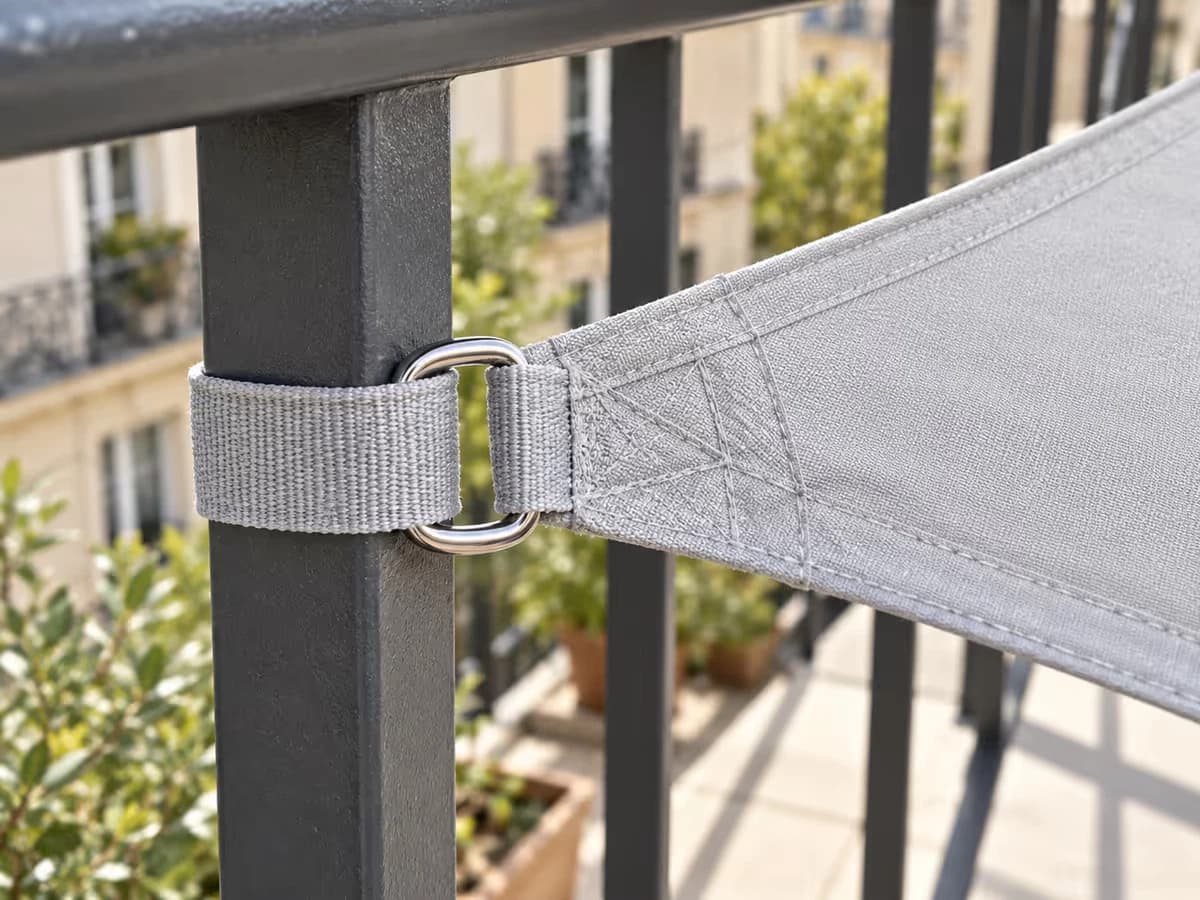 Sangle grise d'une voile d'ombrage enroulée autour du montant vertical d'un garde-corps métallique, gros plan en lumière du jour
