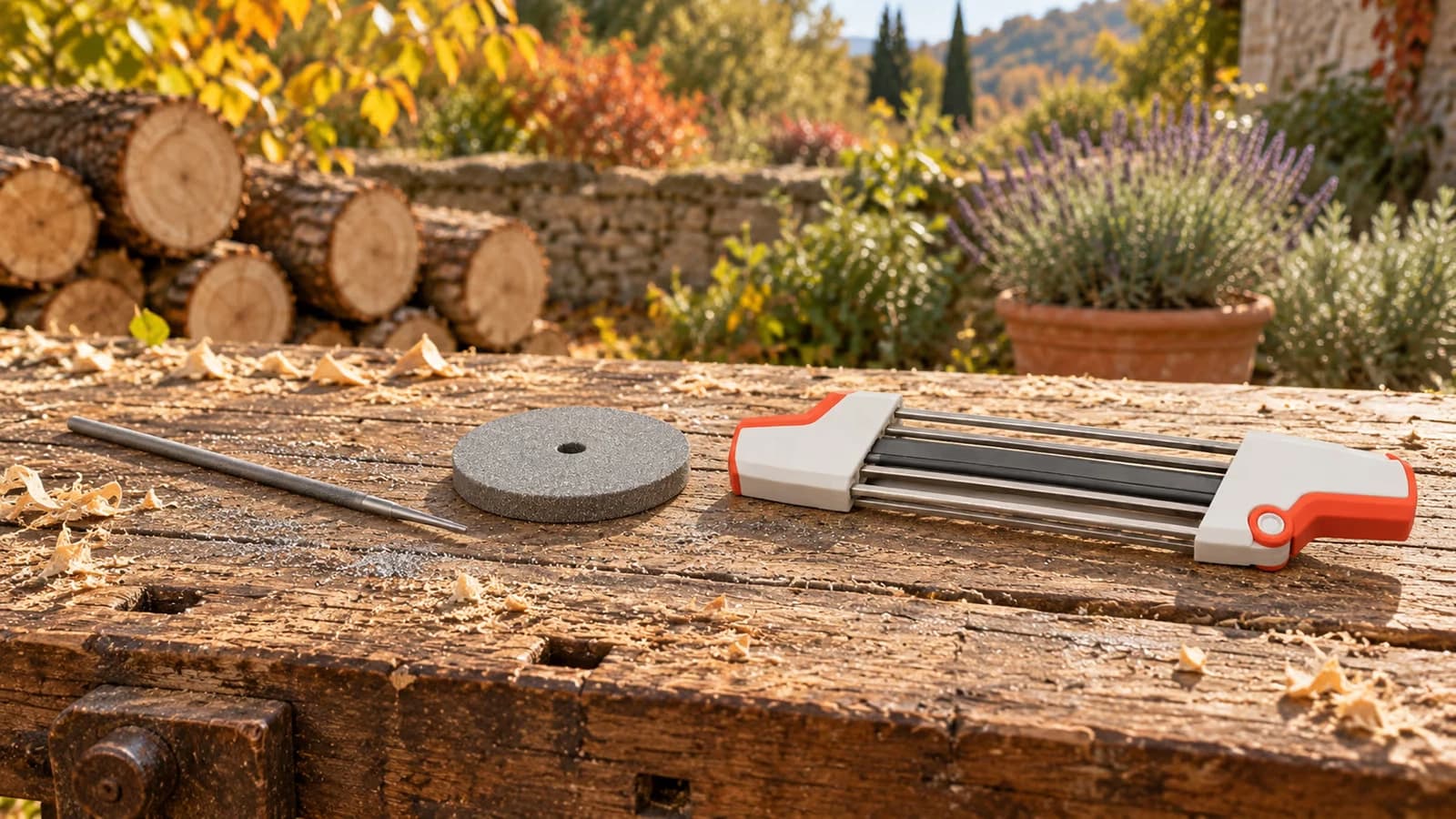 Sur un établi de bois, une lime ronde, une pierre abrasive et un porte-lime à deux poignées posés côte à côte