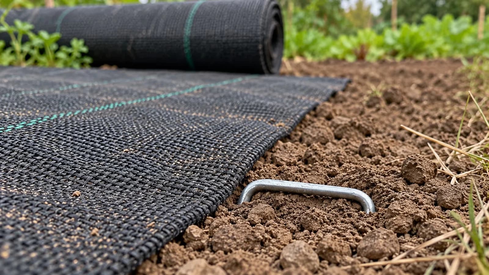 Une agrafe en acier à longue jambe plantée dans une terre de potager griffée, près d'un rouleau de toile de paillage noir