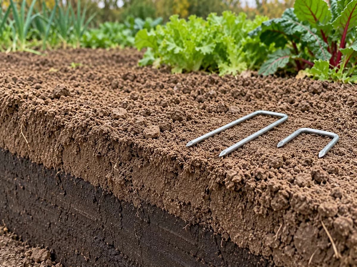 Deux agrafes en acier de longueurs différentes sur une terre de potager ameublie en surface, fond plus sombre en dessous