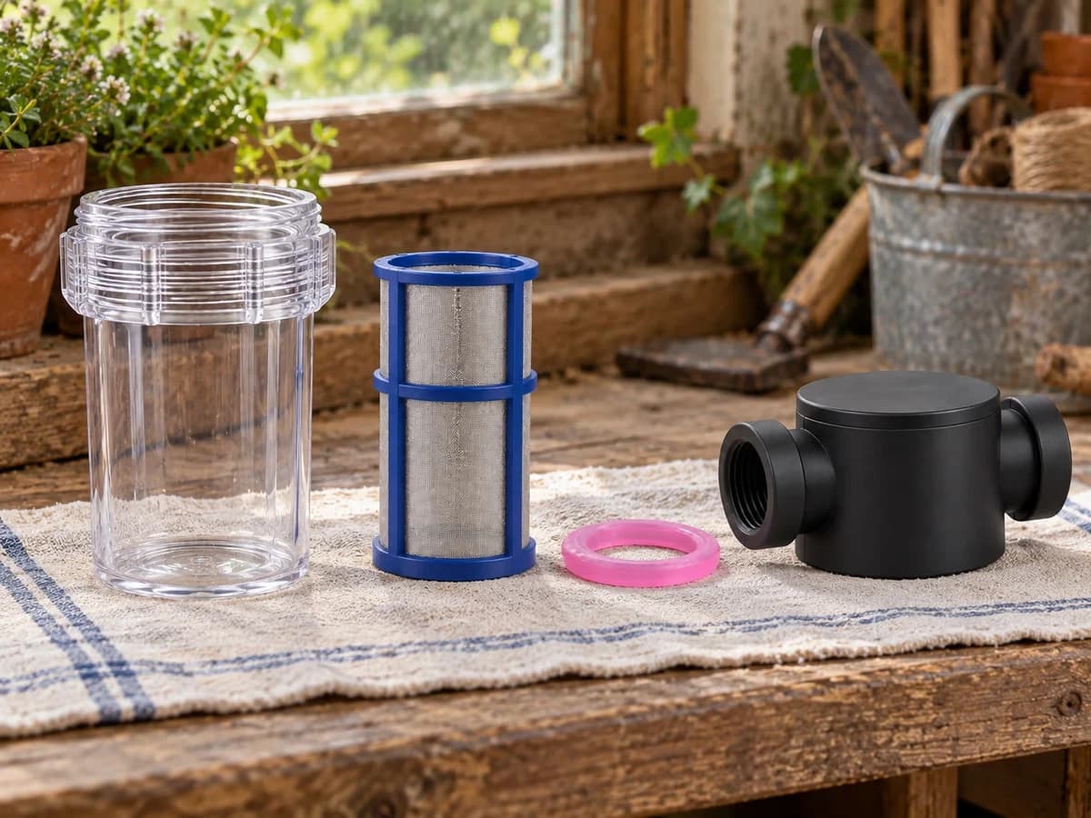 Bocal transparent de filtre posé dévissé sur un torchon, tamis inox et joint caoutchouc alignés à côté du corps noir, établi de jardin en fond