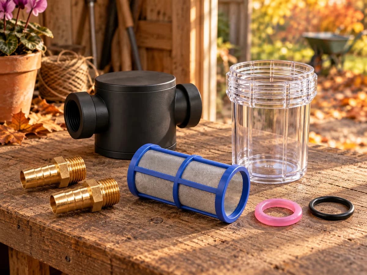 Filtre de cuve dévissé posé sur une étagère d'abri de jardin, bocal transparent, tamis inox et joints déposés à côté, lumière d'automne par la porte