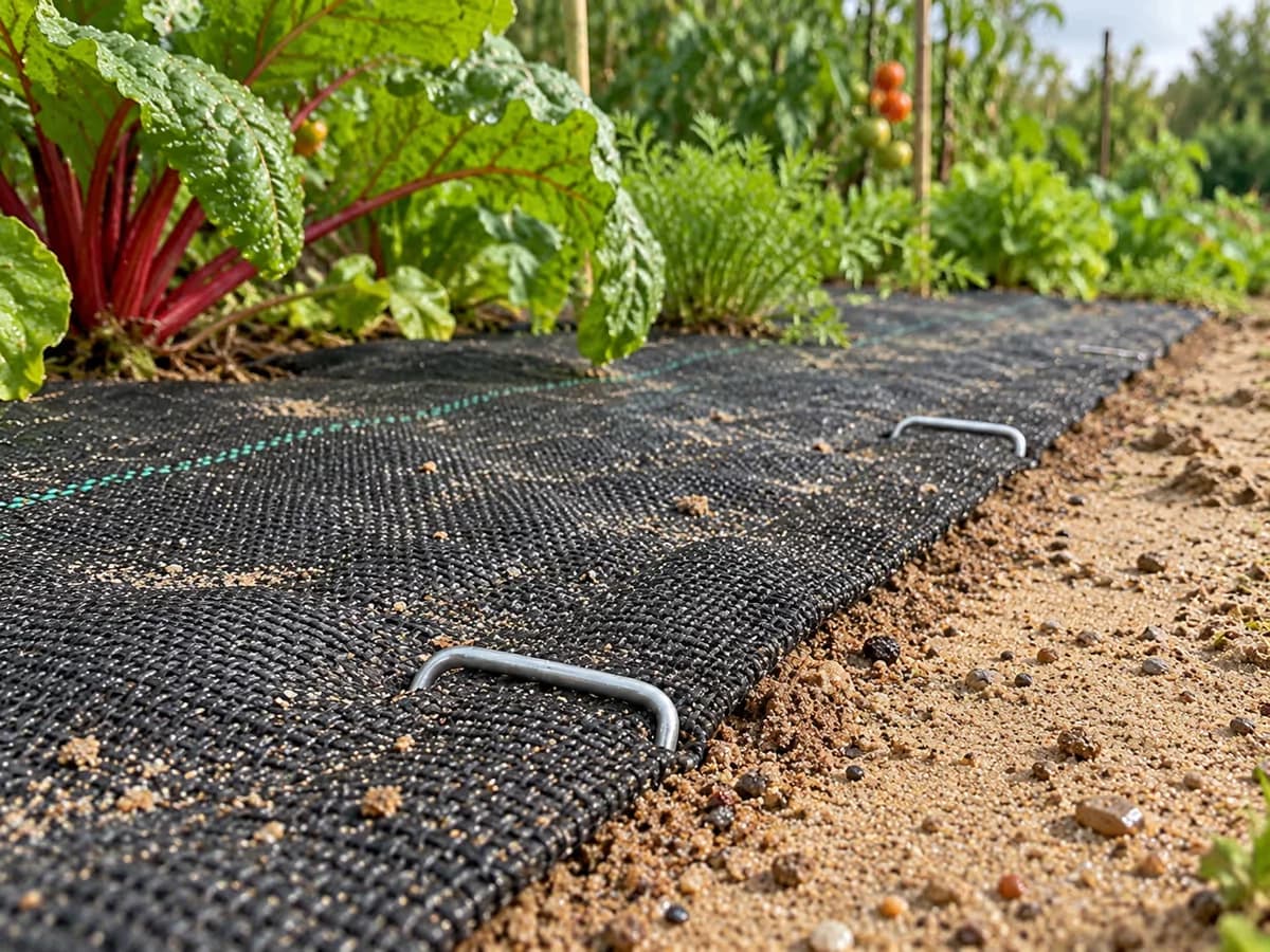 Bord de toile de paillage replaqué après la pluie sur une planche sableuse, deux agrafes en U en retrait