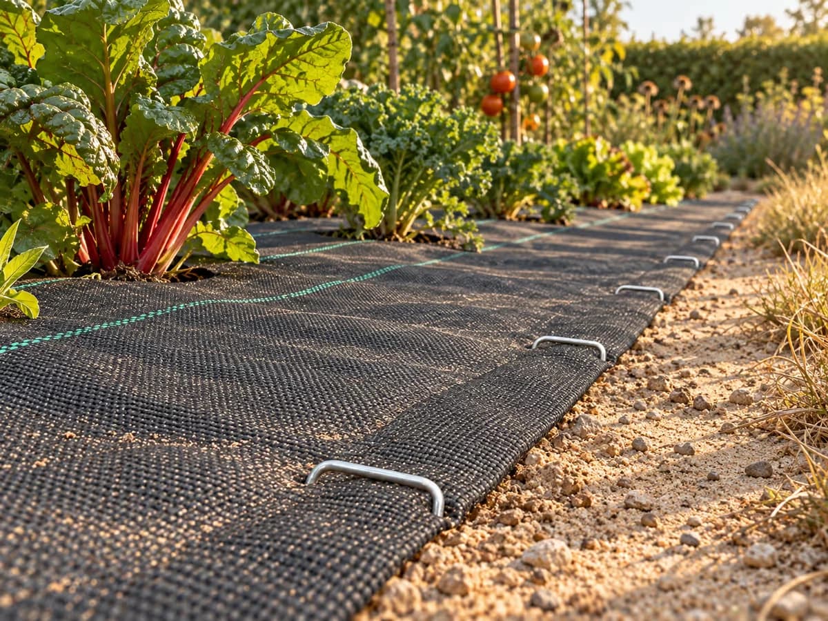 Rang de potager sur terre sableuse, toile de paillage noire maintenue par des agrafes en U alignées le long du bord