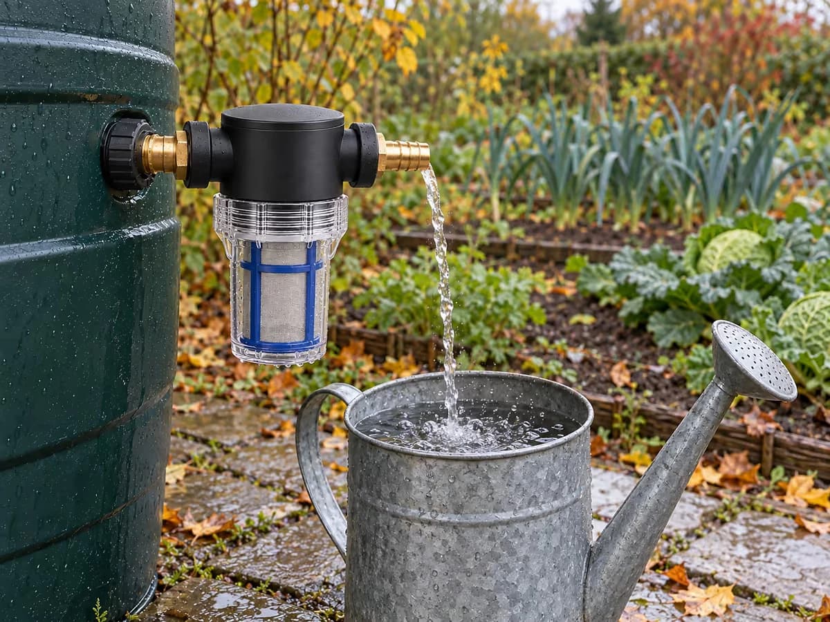 Arrosoir de zinc posé sous le raccord cannelé d'un filtre de cuve, jet d'eau claire, rangs de potager en arrière-plan flou