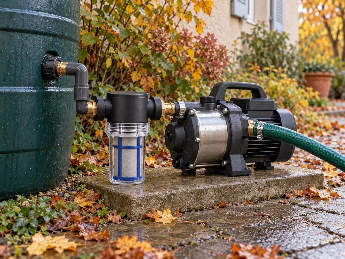 Pompe de surface posée sur une dalle au pied d'une cuve d'eau de pluie, filtre vissé sur la sortie et tuyau souple vers le jardin